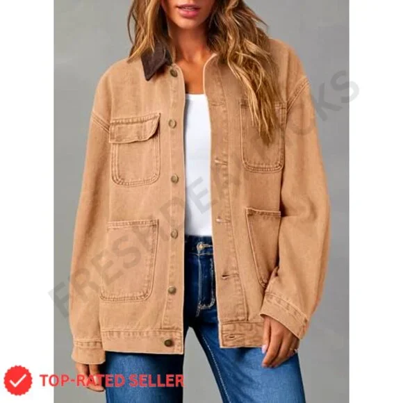 Oversized Denim Jacket Corduroy Collar Retro Vintage Barnfit Casual Chic
